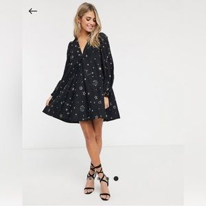 ASOS v front v back trapeze mini dress with gold sun and moon embroidery
